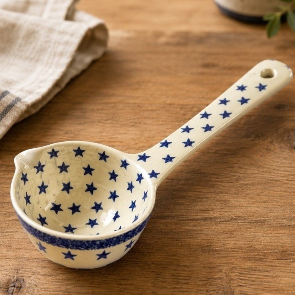Poland Hand Made Polish Pottery‎ Ladle Blue Rose Pattern Pour Spout 9.5in